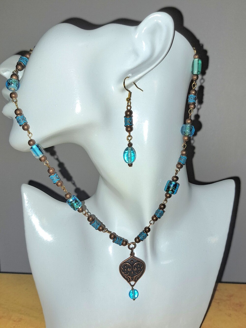 Earrings & Pendant Necklace with Turquoise Patina Metal & Turquoise Glass Beads